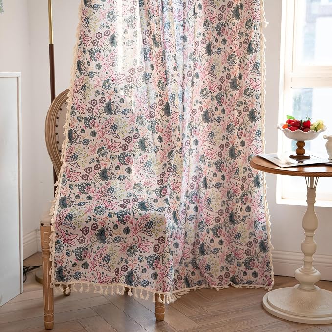 OYX Boho Crochet Curtains 96 Inch Length 2 Panels for Living Room, Bedroom Light Filtering Drapes, Farmhouse Vintage Country French Rustic Tassels Pattern Rod Pocket Aesthetic Decor Window Treatments