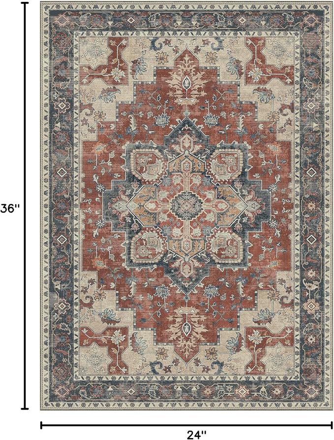 GENIMO Area Rug 2x3 Doormat, Machine Washable Low Pile Rugs, Small Retro Entryway Mat for Entrance, Hallway, Kitchen and Corridor, Bordeaux