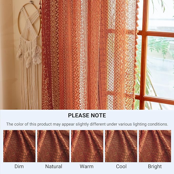 WAZZIO Boho Lace Curtains 72 Inches 2 Panel,Light Filtering Privacy Tassel & Geometry Crochet Semi Sheer Curtain Drapes for Bedroom Living Dining Room,Rod Pocket & Tassel,Full Decor,Burnt Orange