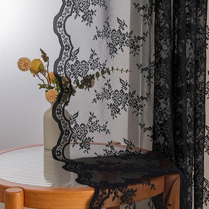 MEETSKY Black Lace Curtains 84 Inches Long 2 Panels Set, Black Sheer Gothic Curtains Vintage Floral Pattern Light Filtering Curtain for Living Room Bedroom, Each Panel 50" W x 84" L #2 Black