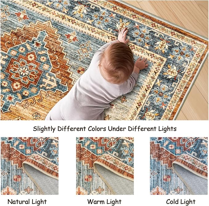 Roxstand 6x9 Area Rug for Living Room, Washable Vintage Thin Rugs with Non-Slip Backing Indoor Floor Carpet, Stain Resistant Area Rugs for Bedroom Dining Room (Navy/Orange, 6'x9')