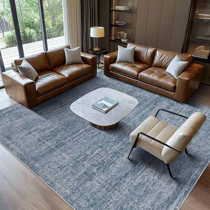 DMOYEST Area Rug Living Room Rugs - 8x10 Washable Large Soft Indoor Neutral Modern Abstract Low Pile Rug Carpet for Bedroom Dining Room Farmhouse Home Office - Dark Blue