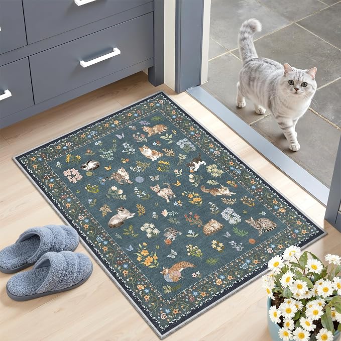 Soalmost 2x3 Cat Rugs for Entryway, Machine Washable Door Mat Animal Floral Small Area Rug Non-Slip Low Pile Soft Throw Rugs for Entrance Kitchen Indoor Front Door Kids Room (2 x 3,Navy Blue)