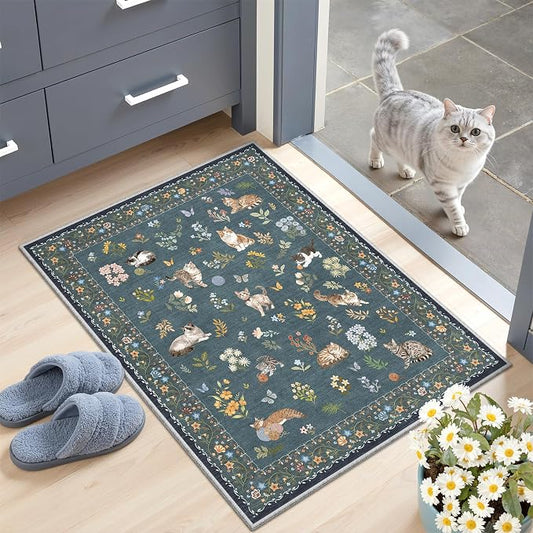 Soalmost 2x3 Cat Rugs for Entryway, Machine Washable Door Mat Animal Floral Small Area Rug Non-Slip Low Pile Soft Throw Rugs for Entrance Kitchen Indoor Front Door Kids Room (2 x 3,Navy Blue)