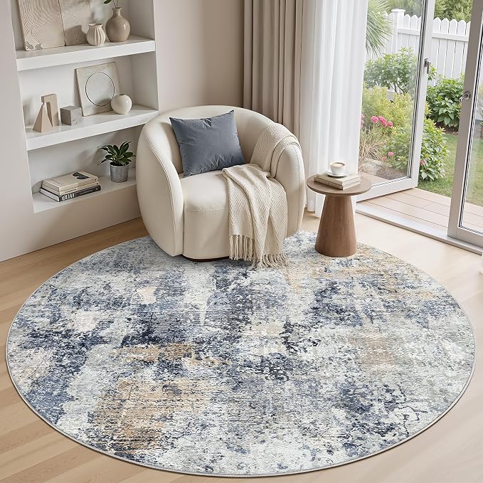 WITSHOCK Area Rugs 6ft Round Living Room Rug - Washable Neutral Soft Low Pile Non-Slip Modern Abstract Thin Large Indoor Carpet for Bedroom Dining Room Nursery Office - Dark Blue Brown