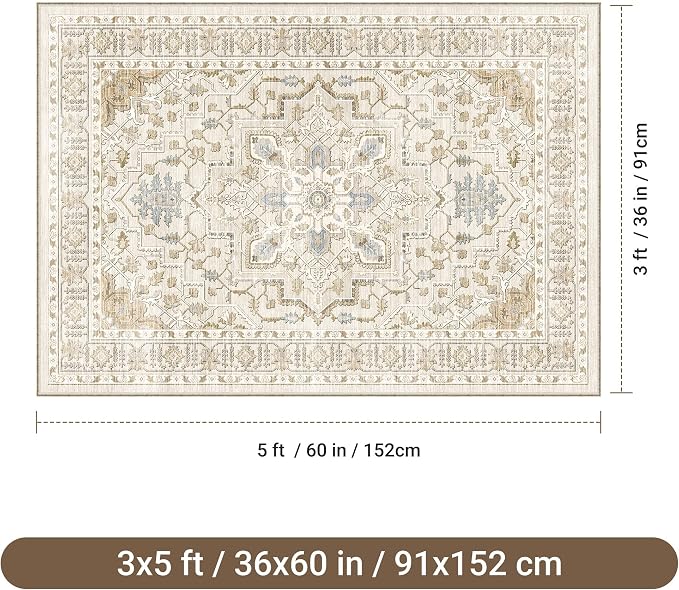 Area Rugs for Living Room - 3x5, Boho Non-Slip Low Pile Carpet Machine Washable Rugs for Bedroom Office, Dining Room (Beige)