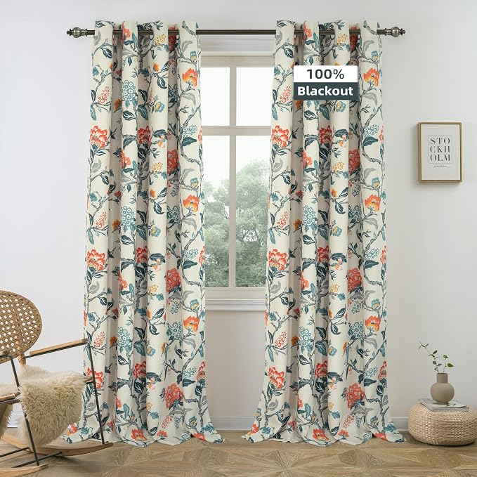 DriftAway Ada Floral Botanical Print Flower Leaf Lined Thermal Insulated Room Darkening Blackout Window Curtains 2 Layers Set of 2 Panels Each 52 Inch by 84 Inch Linen Orange Teal