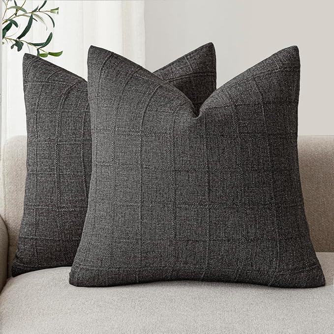 Foindtower Set of 2 Decorative Linen Check Throw Pillow Covers Neutral Farmhouse Vintage Cushion Covers Modern Boho Home Decor for Sofa Chair Couch Bedroom Living Room,26×26 Inch,Charcoal