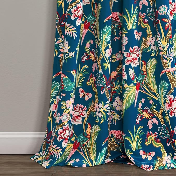 Lush Decor Dolores Light Filtering Window Panels, Pair, 52" W x 84" L, Navy & Multi - Floral Curtains for Bedroom - Vintage Curtains - Coquette Room Decor