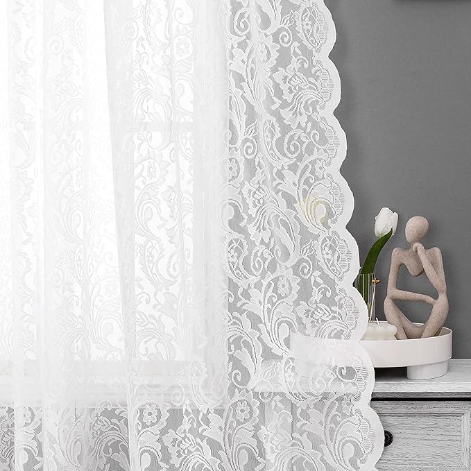 Bujasso White Sheer Lace Curtains 54 inch Vintage Floral Short Curtain Panels for Kitchen Living Room Bedroom Light Filtering White Drapes Window Treatment Set Grommet Top 2 Panels 54" Wx54 L