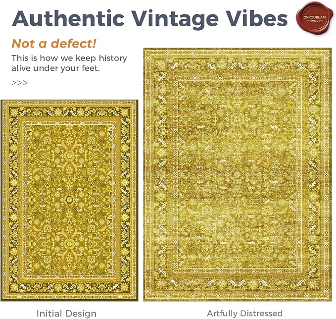 OPPODREAM Vintage Yellow Area Rugs 9x12, 9 x 12 Retro Washable Rug Non Slip, Low-Pile Faux Wool Carpet, Distressed Floor Mat for Living Room, Bedroom, Office, Dorm, Dinning Room, Big & Large