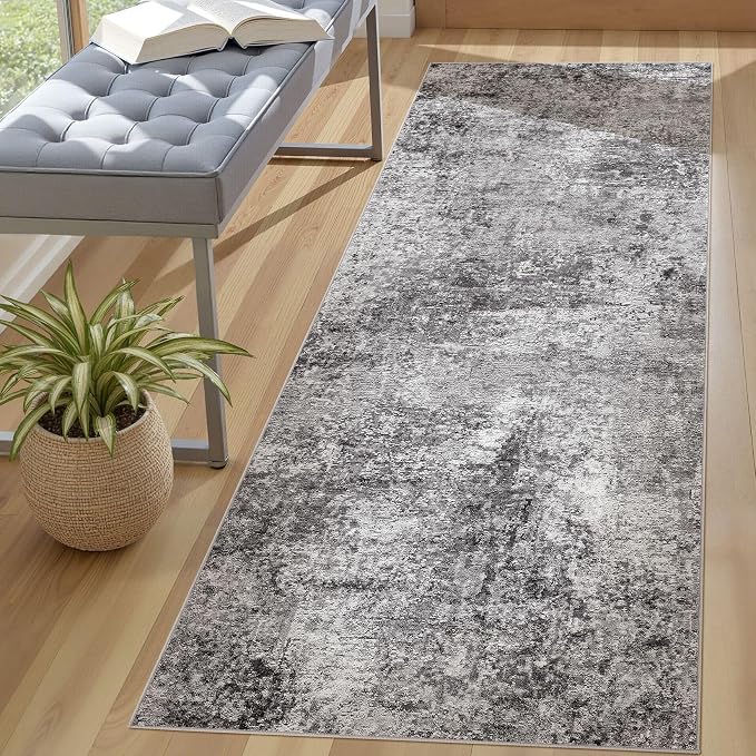 DMOYEST Washable Runner Rug for Hallway: 3x8 Neutral Modern Abstract Low Pile Area Rug with Non-Slip Backing - Carpet for Bedroom Kitchen Laundry Entryway Bathroom Indoor - Grey