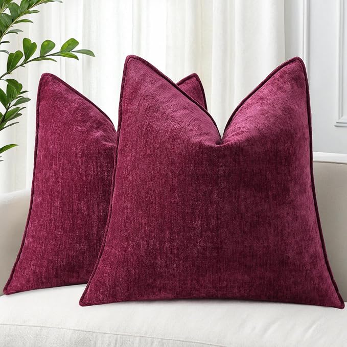decorUhome Fall Couch Euro Sham Throw Pillow Covers 22x22 Set of 2, Decorative Soft Velvet Modern Cozy Chenille Pillow Cases with Elegant Design for Sofa Bed Living Room Home Decor, Rhododendron