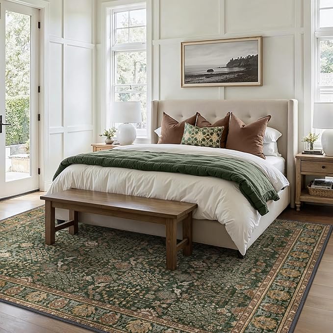 Bavni Washable Rugs 8x10-Machine Washable Rug Lightweight Low Pile, Vintage Floral Rug Non-Shedding Distressed Throw Carpet for Living Room Bedroom Office, Dark Green/Multi