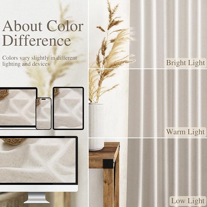 Nanspring Pearl White Linen Curtains 84 Inches Long for Living Room Light Filtering Semi Sheer Curtain Back Tab and Rod Pocket Coastal Decor Elegant Neutral Luxury Drapes for Bedroom 52x84, 2 Panels