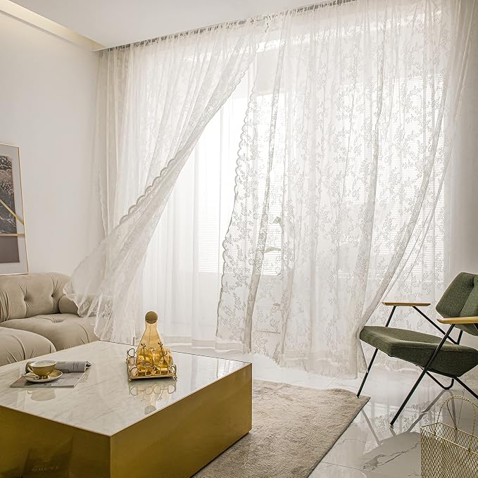 Sutuo Home Ivory Lace Curtains Set of 2, Sheer Panels 45 Inch Length Floral Embroidery Vintage Voile Window Treatment Pair for Bedroom Living Room Kitchen, Shabby Chic Decor Rod Pocket, W57 x L45