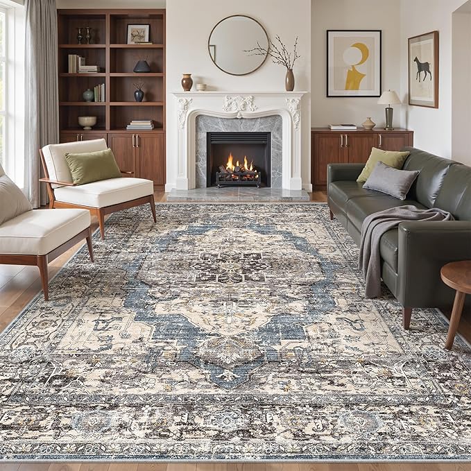 befbee 8x10 Area Rugs for Living Room, Stain Resistant Neutral Washable Rugs for Dining Room, Floral Vintage Non-Slip Thin Large Size Area Rug (Blue/Black)