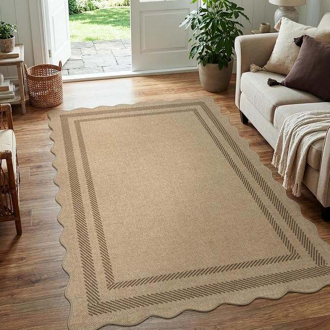 LIVEBOX Scalloped Easy Jute 4x6 Outdoor Rug, Washable Non Slip Geometric Area Rugs for Living Room Bedroom, Indoor Outdoor Farmhouse Rug Modern Carpet Door Mat Tan Rugs for Patio Dining Room Entryway