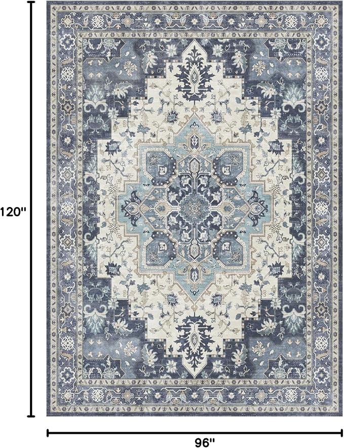GENIMO 8x10 Area Rugs for Living Room, Machine Washable Non Slip Vintage Rugs, Low Pile Lightweight Print Rug for Bedroom, Dining Room, Home Office, Center Blue