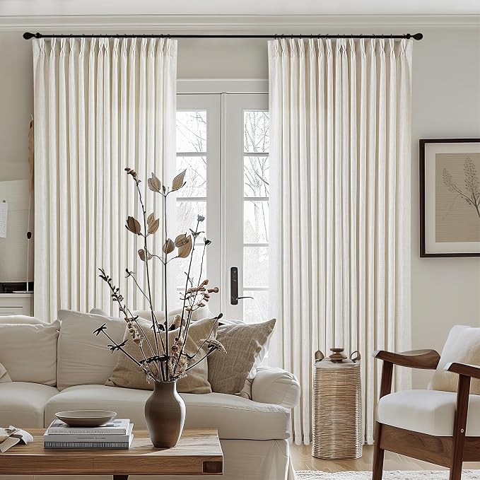 Extra Wide Pinch Pleat 100 x 102 Inch Linen Curtains for Living Room Cream Ivory Light Filtering Semi Sheer Pleated Curtains for Patio Glass Sliding Door Dining Bedroom Large Window 100x102 1 Panel