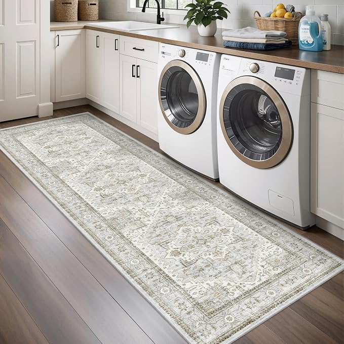 Runner Rug 2'x6' Washable Vintage Area Rugs for Hallway Non Slip Laundry Rug Runner Boho Floor Carpet Runners for Entryway Laundry Room Kitchen Bathroom (2'x6',Blue＆Beige)