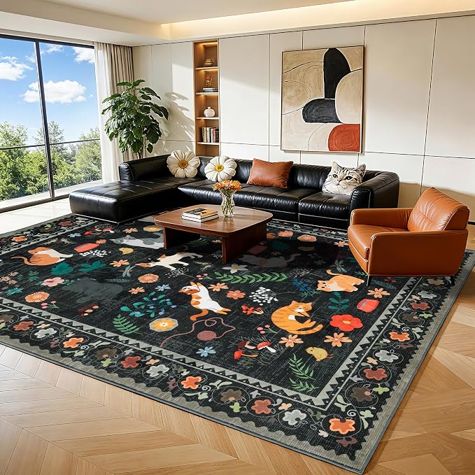 LIANLAM 8x10 Cat Lover's Area Rug, Washable Large Rug with Artistic Feline Design for Living Room & Bedroom, Pet Friendly Non-Slip Soft Carpet, Stain Resistant & Easy Clean(8x10,Black)