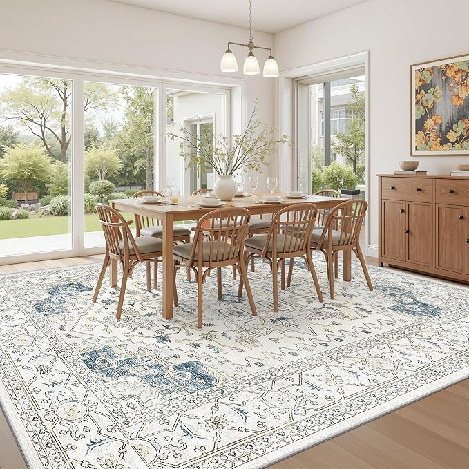 Living Room 10x14 Area Rugs, Washable Area Rug Stain Resistant Carpet Vintage Soft Rugs for Bedroom with Non Slip Backing Indoor Home Decor (10'x 14',BeigeBlue)