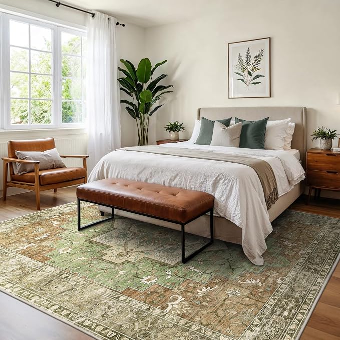 GENIMO 8x10 Area Rugs for Living Room, Machine Washable Rug, Non Slip Indoor Vintage Rug, Low Pile Lightweight Print Carpet for Bedroom Dining Room Home Office, Muted Green Brown