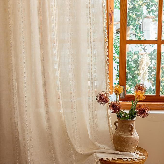Natural Boho Sheer Curtains 72 inches long 2 Panels for Bedroom, Light filtering Semi Sheer Bohemian French Country Privacy Tassels Vintage Chic Embroidery Stripes Window Curtains Back Tab, 50" W