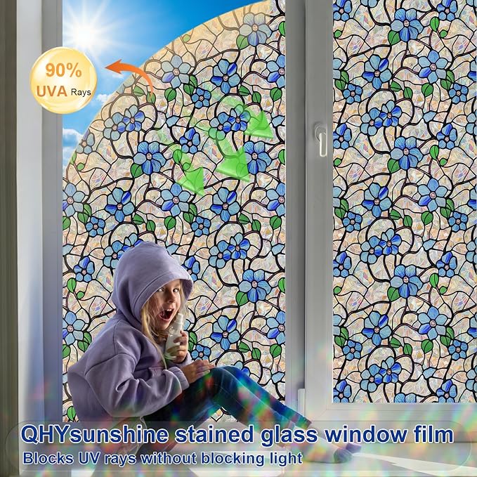 QHY Sunshine Privacy Window Film with Installation Tool Decorative Stained Glass Window Stickers Reusable Window Film (Indigo Rainbow, 23.6 x 78.7)