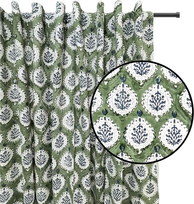 ATOSII 100% Cotton Single Panel Floral Block Print Curtain, Easy Hanging with Rod Pocket & Loop, Living Room, Dining Room, Bedroom Light Filtering Boho Curtains, Set of 1, 60" W X 84" L, Kari Green