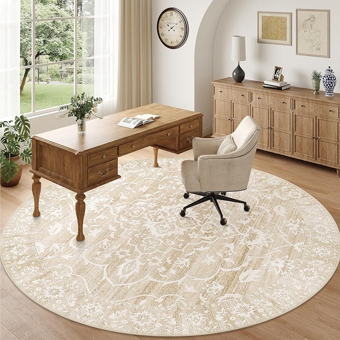 Soalmost Washable Round Rug 8ft for Living Room, Soft Circle Area Rug Beige | Vintage Floral Ultra-Thin Non-Slip Rugs, 8x8 Round Throw Carpet for Dining Room Nursery Bedroom Kitchen 8'Round
