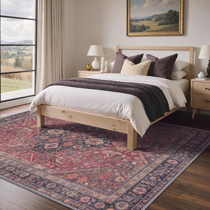 GENIMO 5x7 Area Rugs for Living Room, Machine Washable Non Slip Rugs, Low Pile Lightweight Print Rug for Bedroom, Dining Room, Home Office, Vintage Scarlet