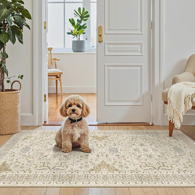 Madane Washable Area Rug 2x4, Small Entryway Rug Non-Slip Vintage Door Mat Indoor Entrance, Low Pile Floor Carpet Runner for Inside Front Door Kitchen Entry Laundry, Beige/Blue