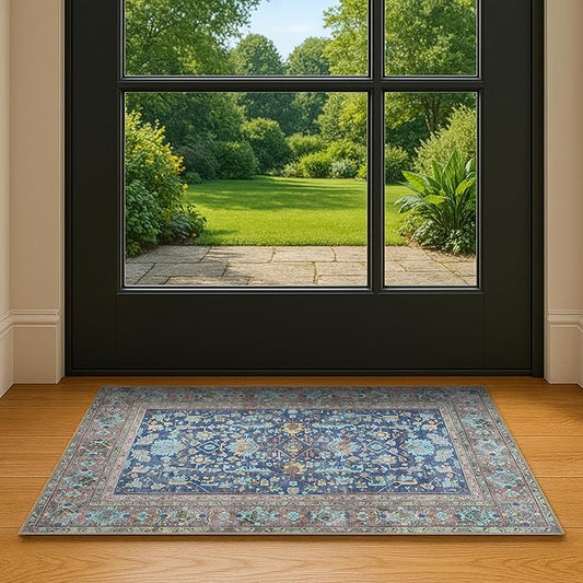 Navy Blue Oushak Area Rug 2'5x5' - Washable Area Rugs, Non-Slip Small Throw, Vintage Low Pile Turkish Eclectic Pastel, Accent Area Rug for Living Room, Bedroom Kitchen, Bathroom, Kids Room