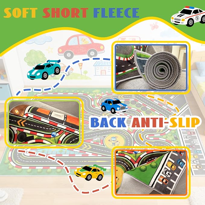 Kids Racing Rug 79''x118'' Car Road Kid Rug Carpet Playmat for Playoom Traffic Road Kid Play Mat for Bedroom，Washable Kids Educational City Traffic Road map Fun Carpet (Green)