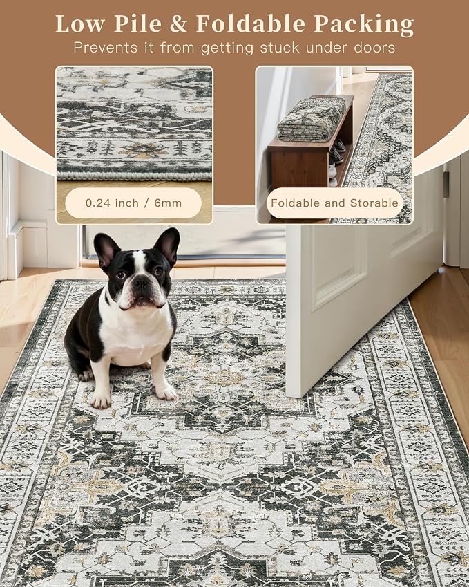 Madane Washable Entry Rug 3x4 Area Rugs for Entryway Kitchen, Black | Vintage Printed Door Mat Indoor Entrance, Low-Pile Floor Carpet Runner for Inside Front Bedroom Kitchen Entry Laundry, Stair