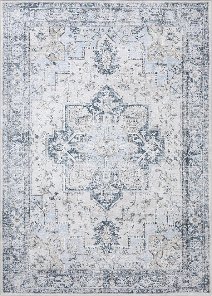 GENIMO 10x14 Area Rugs for Living Room, Machine Washable Rug, Non Slip Vintage Rugs, Low Pile Lightweight Chenille Print Rug for Bedroom, Dining Room, Home Office, Blue