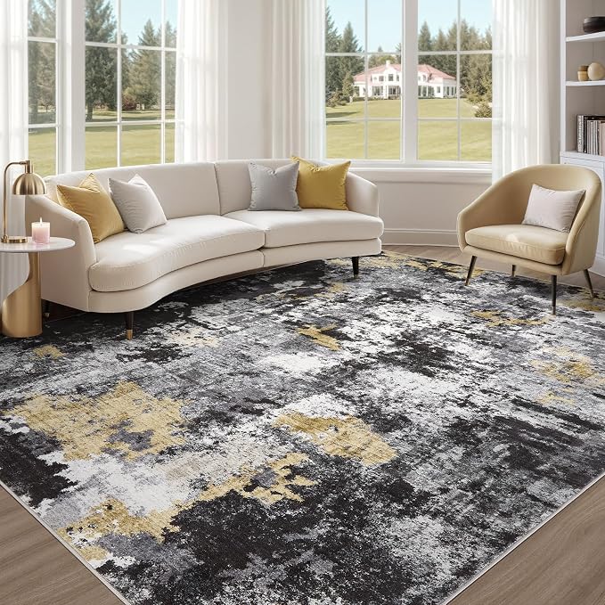 Abstract 11x14 Area Rug: Machine Washable Non Slip Ultra Thin Low-Pile Carpet, Soft Stain Resistant for Living Dining Room Bedroom, Kid Pet Friendly, Robot Vacuum Compatible - Black Gold