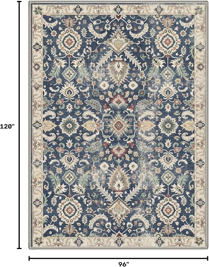 Bavni Washable Rugs 8x10, Machine Washable Rug Lightweight Low Pile, Floral Vintage Rug Non-Shedding Distressed Throw Carpet for Living Room Bedroom Office, Muted Navy