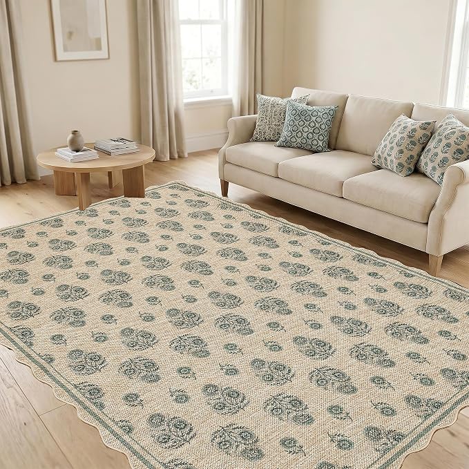 ORTIGIA Scalloped Easy Jute 5x7 Area Rug Vintage Green Floral Accent Farmhouse Washable Rug Non-Slip Indoor Outdoor Carpet for Living Room Bedroom Patio Entryway