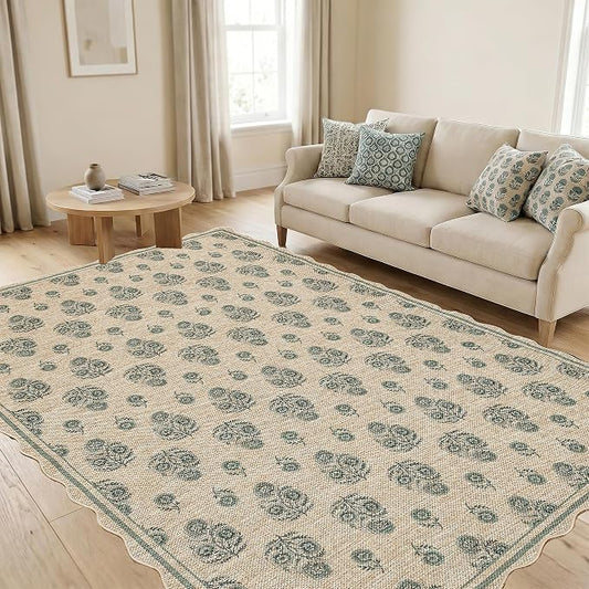 ORTIGIA Scalloped Easy Jute 5x7 Area Rug Vintage Green Floral Accent Farmhouse Washable Rug Non-Slip Indoor Outdoor Carpet for Living Room Bedroom Patio Entryway