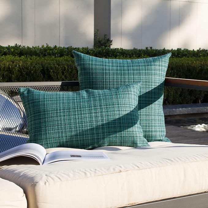 Kevin Textile Pack of 2 Decorative Outdoor Waterproof Throw Pillow Covers Lumbar Pillowcases Modern Cushion Cases for Patio Couch Bench 16 x 16 Inch Teal