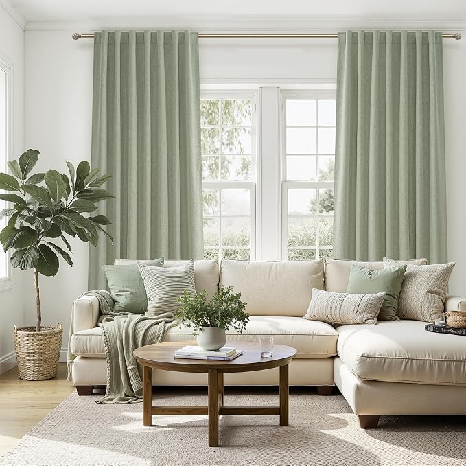 Sage Green Blackout Linen Curtains 102 Inches Long for Living Room Bedroom, Pleated Window Track Curtain with Pin Hooks Belt Boho Light Green Drapes Thermal Insulated (50"Wx102"Lx2Panels) Back Tab