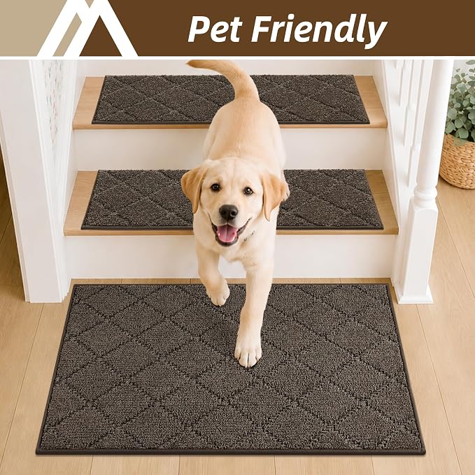 COSY HOMEER Edging Stair Treads Non-Slip Corner Indoor Stair Runners for Wooden Steps,Landing Slip Resistant Stair Rugs for Kids and Dogs, 100% Polyester TPE Backing,Brown,20"X32"