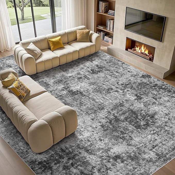 Tortania Washable 7x9 Area Rug for Living Room: Modern Abstract Neutral Large Soft Thin Rugs - Non Slip Indoor Carpet for Bedroom Dining Room Office Nursery Home Floor Decoration - Charcoal Grey