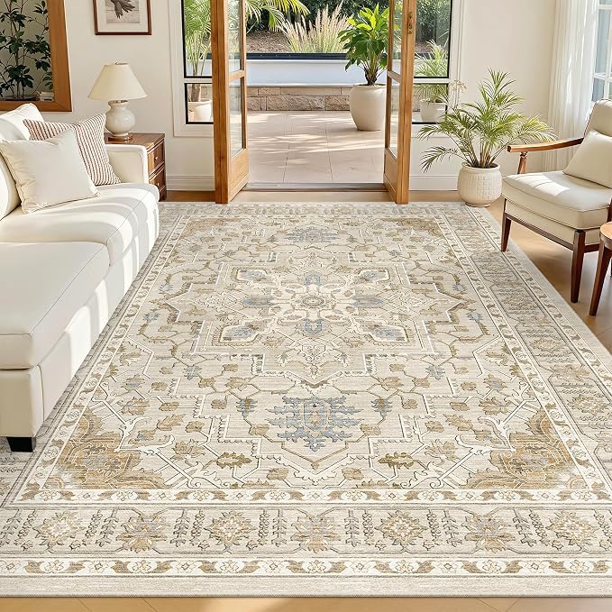 Madane 5x7 Area Rugs for Living Room, Non-Slip Washable Rug, Beige/Blue | Ultra-Thin Stain Resistant Vintage Large 5'X7' Carpet, Soft Low Pile Floor Mat For Bedroom Dining Room Office Home Decor