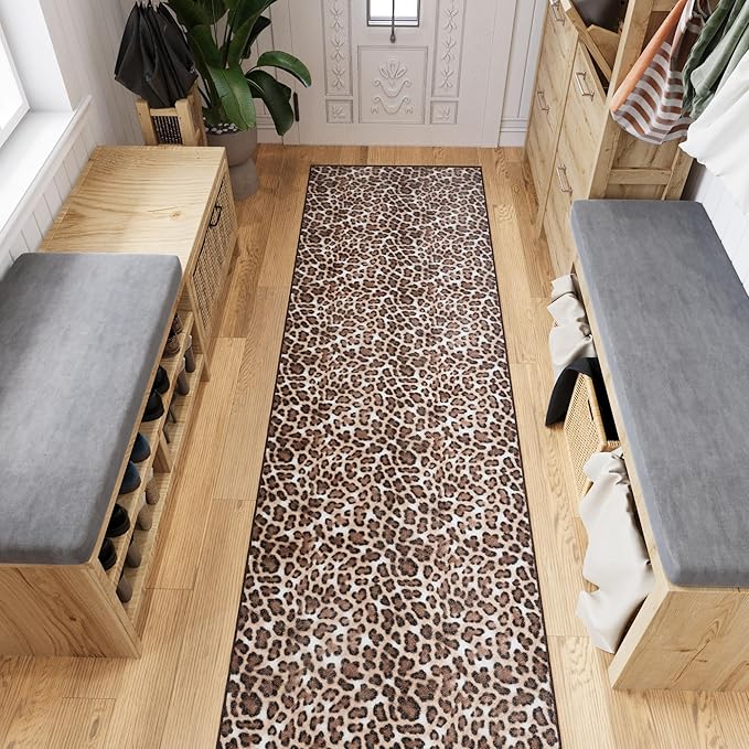 Ottomanson Extra Large Area Rug 7'10" x 28' – Non-Slip Soft Rug, Easy to Clean Low Pile Carpet for Basement, Office or Large Indoor Spaces, Leopard Print Brown