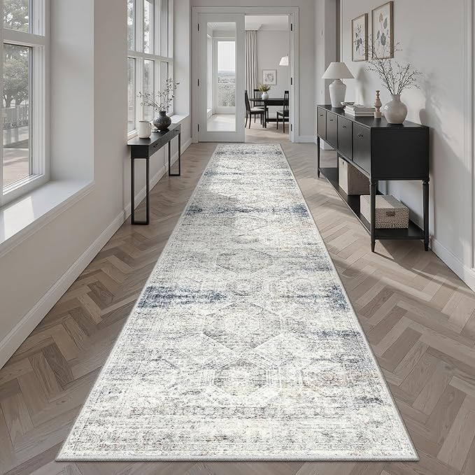 Soalmost Runner Rug 2x12 Washable Non-Slip Hallway Runner Rugs for Kitchen Bathroom Laundry Room Blue Ivory Vintage Floor Carpet Runners for Hallways Entryway