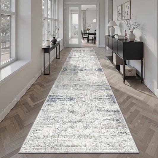 Soalmost Runner Rug 2x12 Washable Non-Slip Hallway Runner Rugs for Kitchen Bathroom Laundry Room Blue Ivory Vintage Floor Carpet Runners for Hallways Entryway